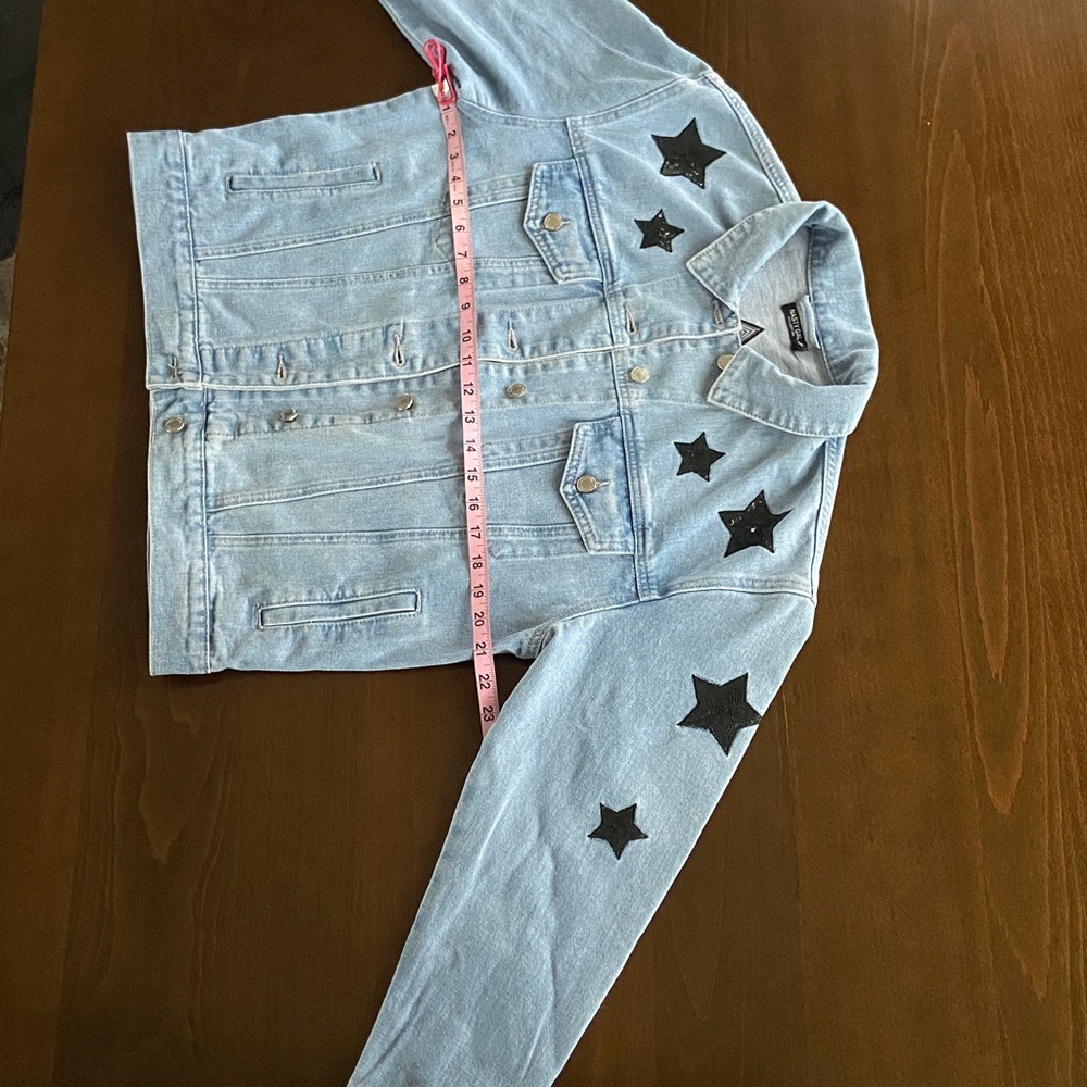 Sale! Nasty Gal Blue Denim Jacket with Black Sequin Stars. US Size 6 - Picture 12 of 17